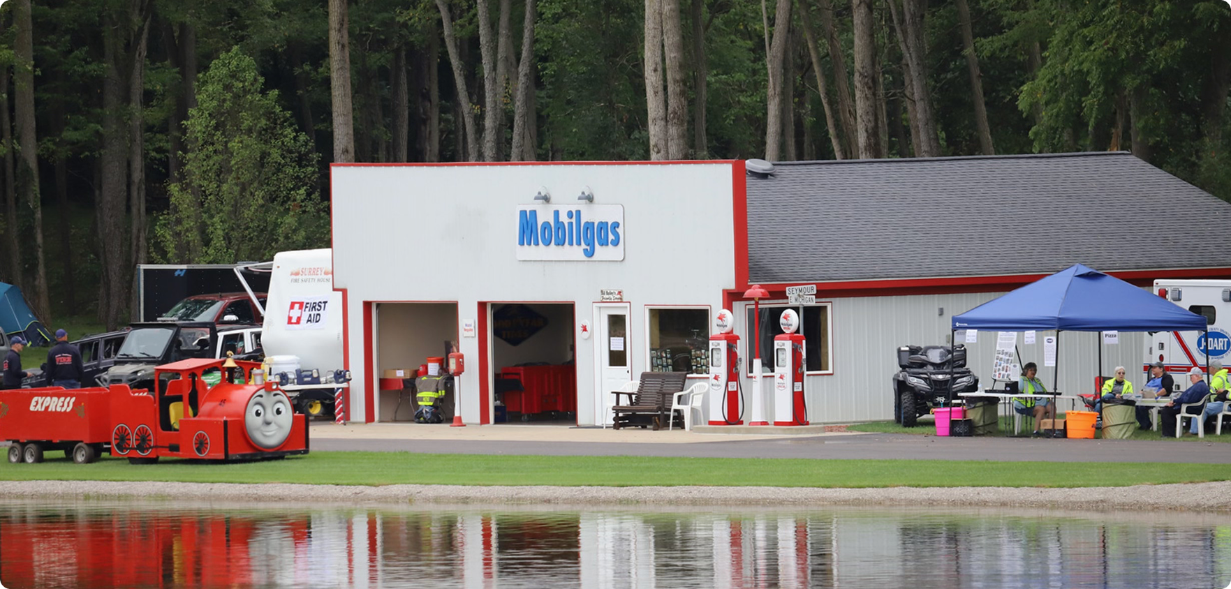 First responders set up alongside the vintage Mobilgas Station on the Bailey property.
